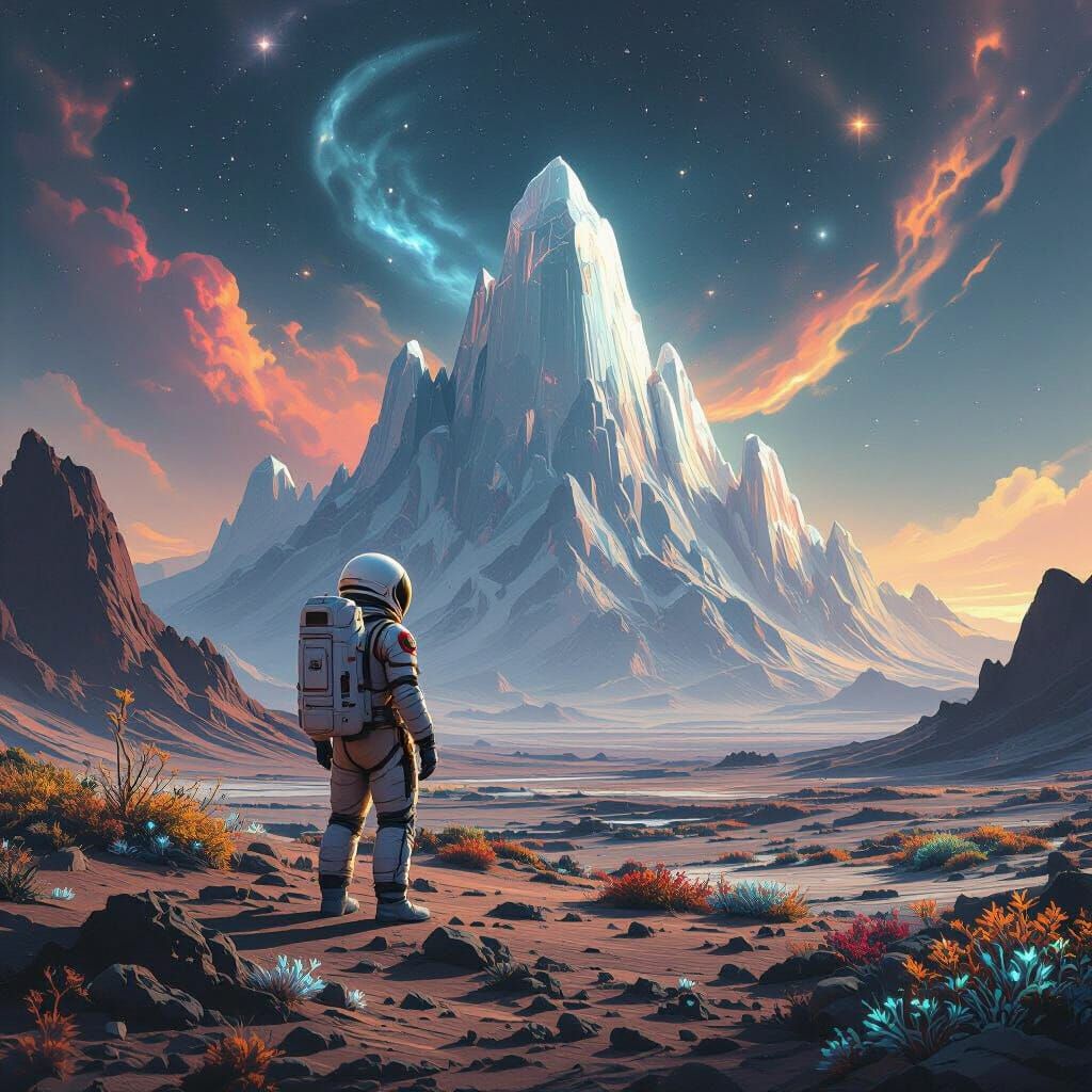 Astronaut Gazes at Crystal Mountains on Alien Planet