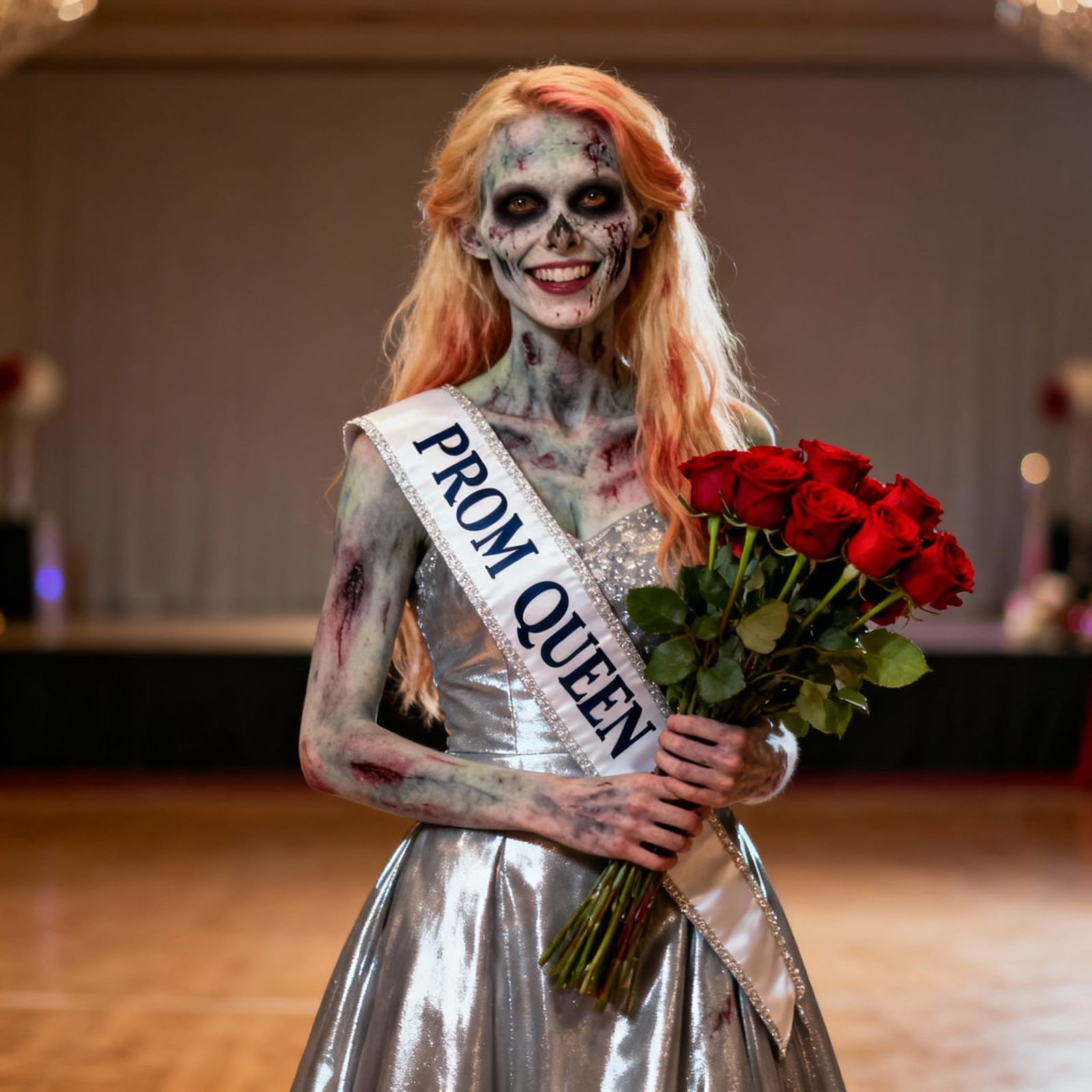Zombie Prom Queen in Silver Gown with Roses