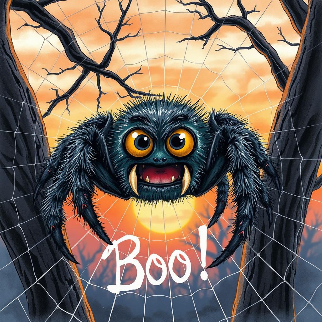 Cute, Fuzzy Spider in an Eerie Sunset Web
