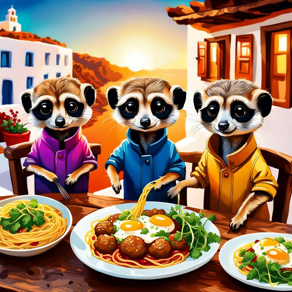 Adorable Meerkats Eating Italian Food, Digital Art