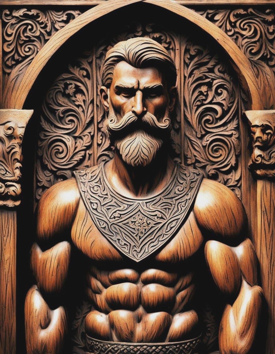 Medieval Carved Viking Sculpture in Romanesque Style