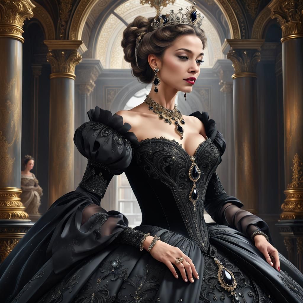 Regal Renaissance Queen in Black Ballgown