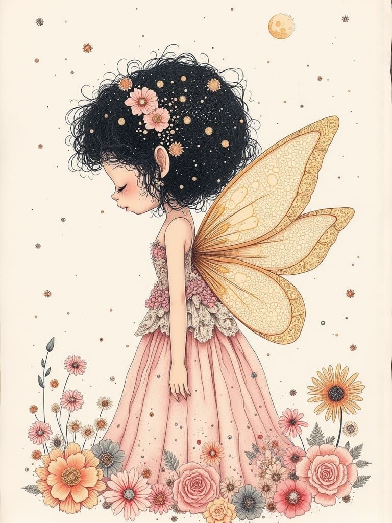 Whimsical Fairy with Golden Wings in Pepin Print