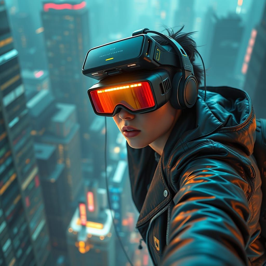 Cyberpunk Hacker Navigates Virtual Reality in 8K