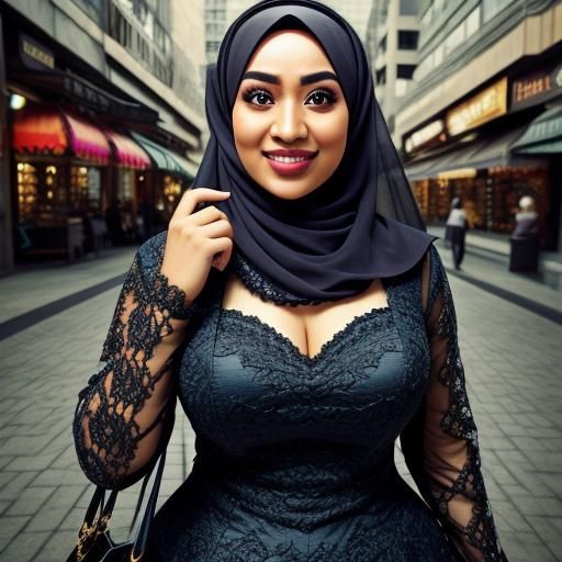 Hyperrealistic Hijab Girl with Candy and Curvy Dress