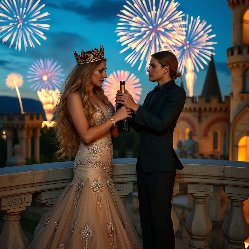 Regal Couple Celebrates with Champagne and Fireworks on Cast...