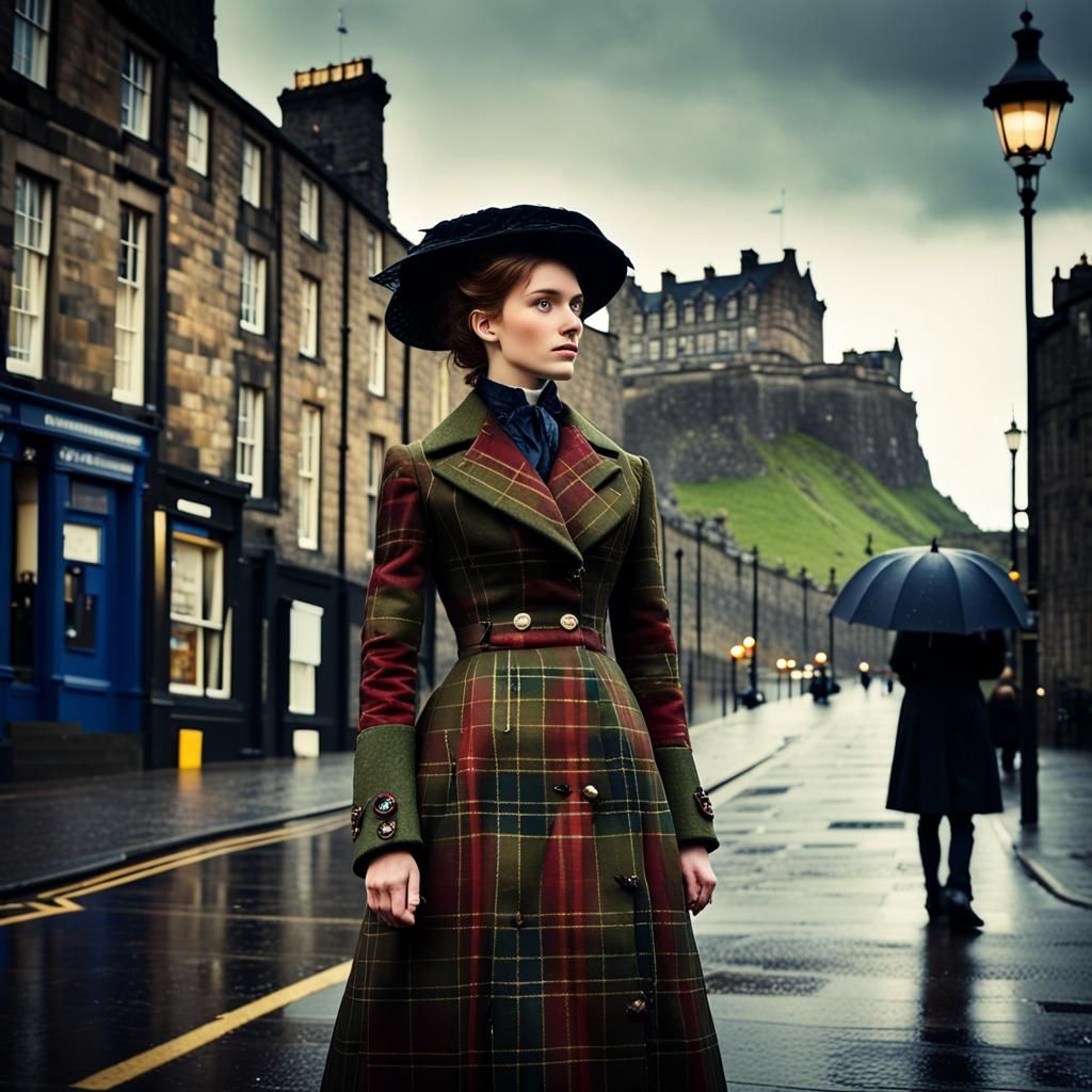 Confident Girl Walking on Rainy Edinburgh Street