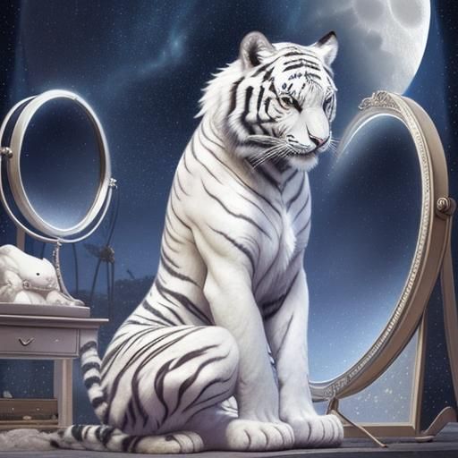 Fantasy White Tiger Under Starry Anime Sky
