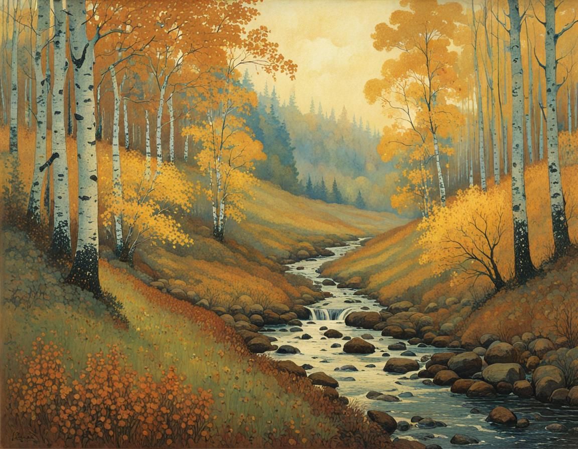 Autumnal Stream Through Birch Forest, Dreamlike Illustration