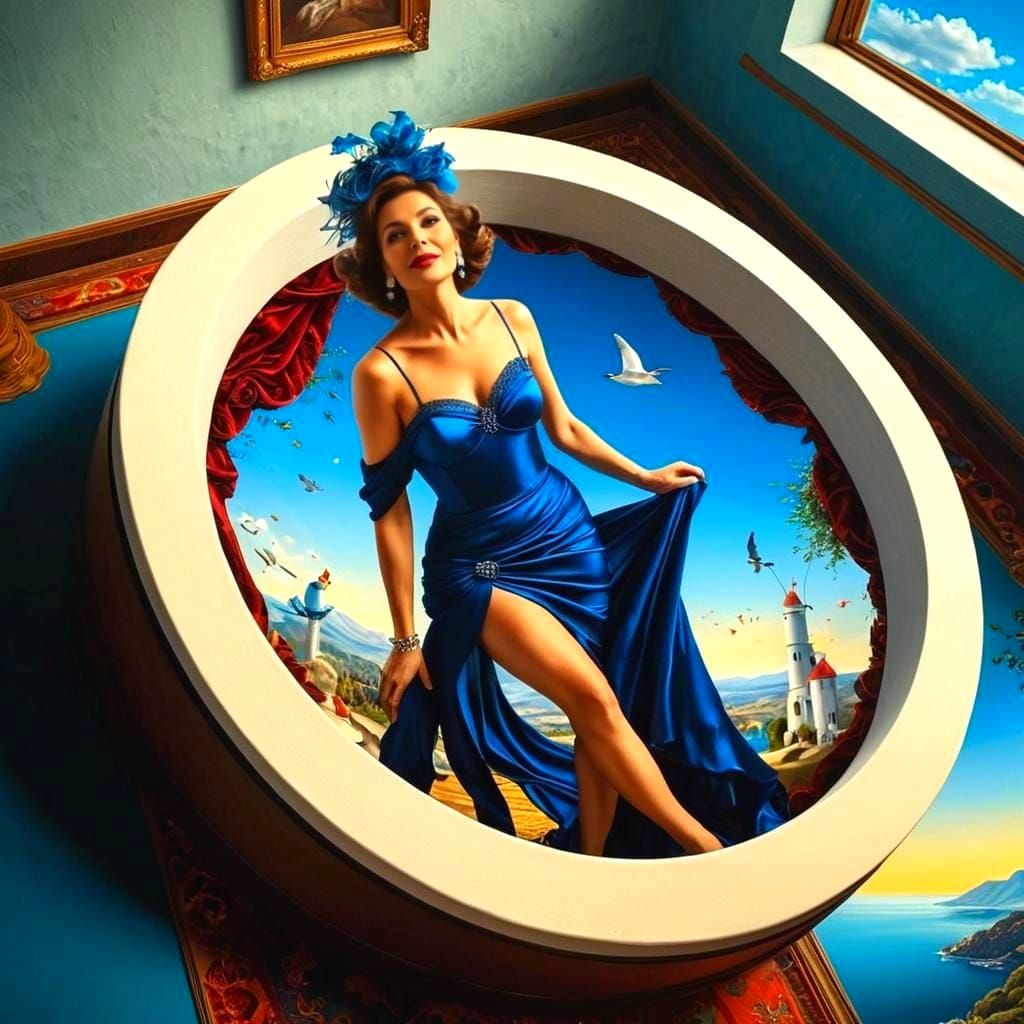 Surreal Portrait of a Happy Lady in a Vibrant Landscape