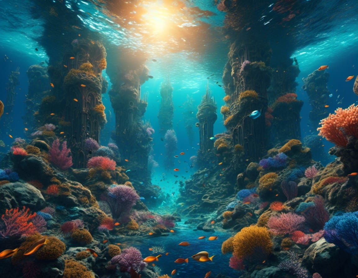 A vibrant underwater landscape teeming with colorful corals,...