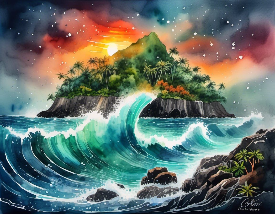 Rainforest Storm with Blood Moon in Watercolor Style