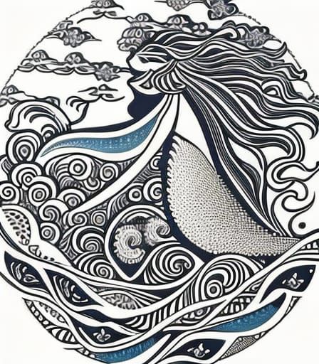 Detailed Mermaid Line Art with Sea Creatures