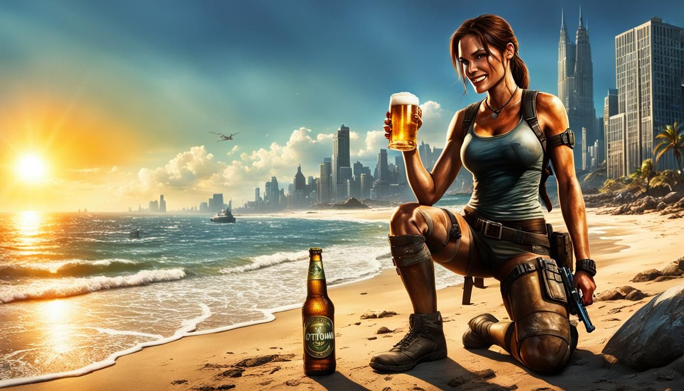 Lara Croft drinking beer on the beach