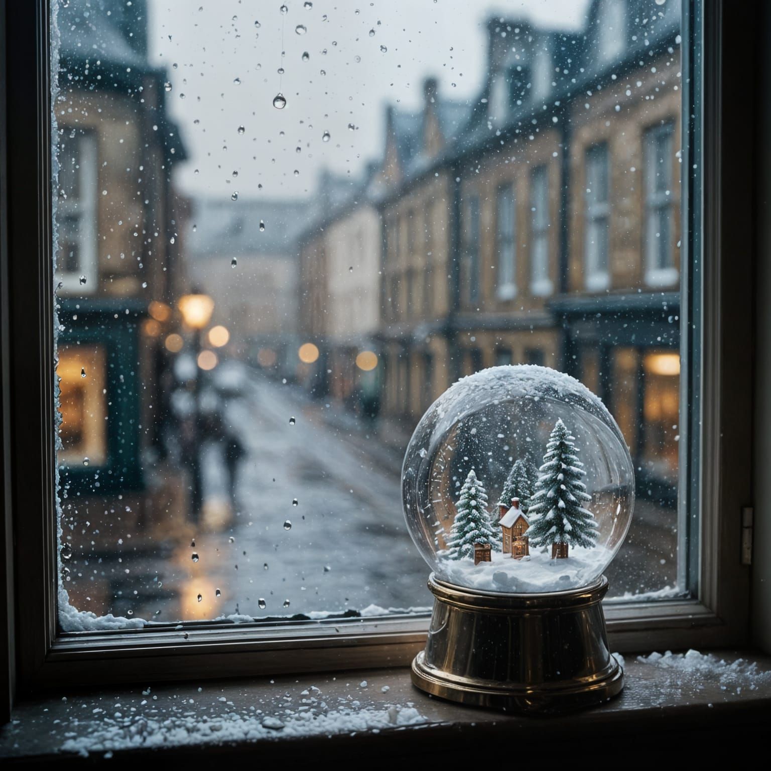 Vintage Film Look Rain Scene With Christmas Snow Globe
