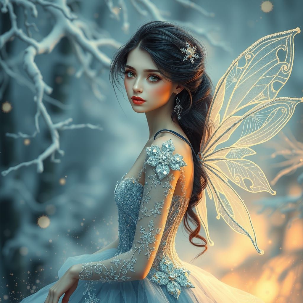 Ethereal Winter Fairy Princess in Ice-Blue Gown with Glitter...