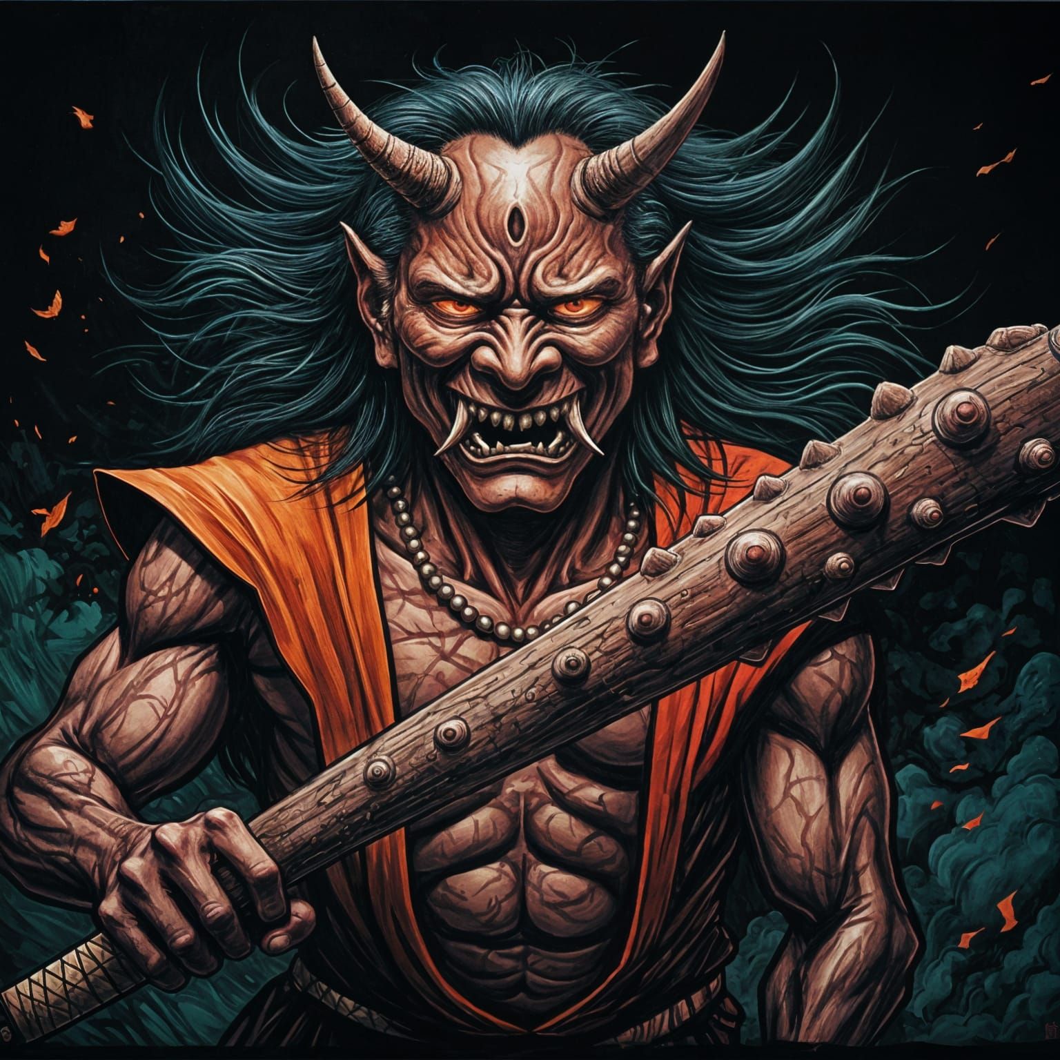Dark Gothic Oni with Kanabō Club in Impasto Gouache Style
