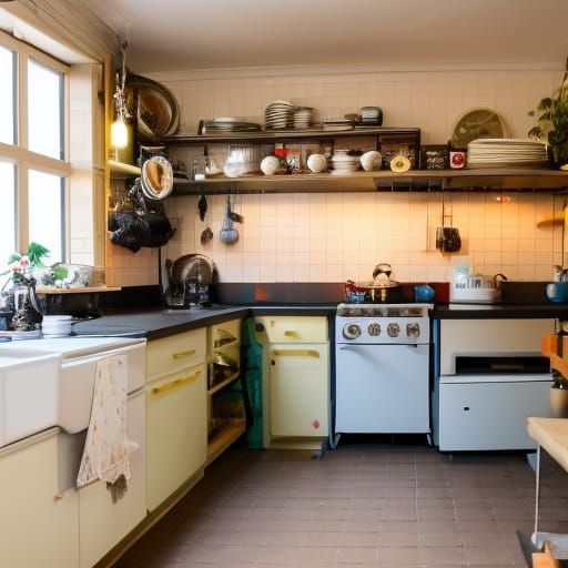 Cluttered Kitchen in Sharp Focus with Bokeh