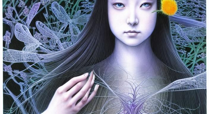 Dragonfly-Human Hybrid in Mycelium Network, Etching Style