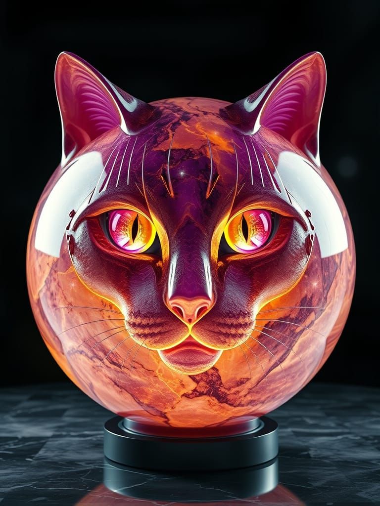 A large, shiny marble sphere with a cat's face carved into i...