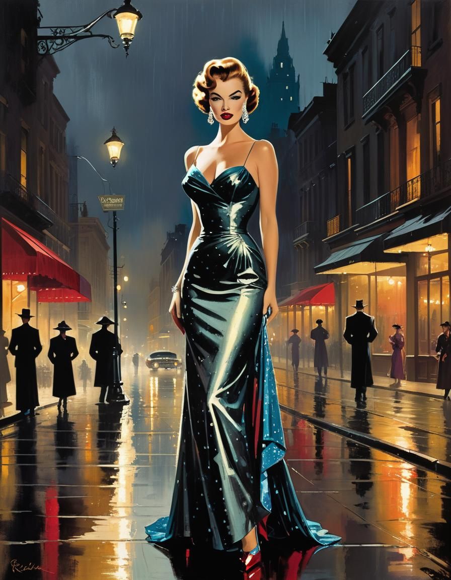 Femme Fatale in 1950s Gown, Gauche Painting Style