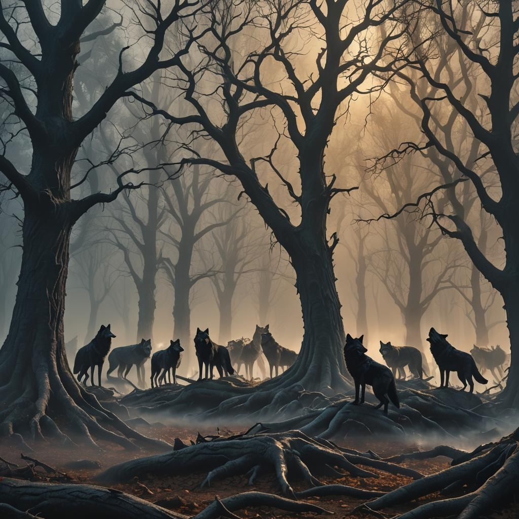 Wolves and Ravens in Misty Forest: Digital Art