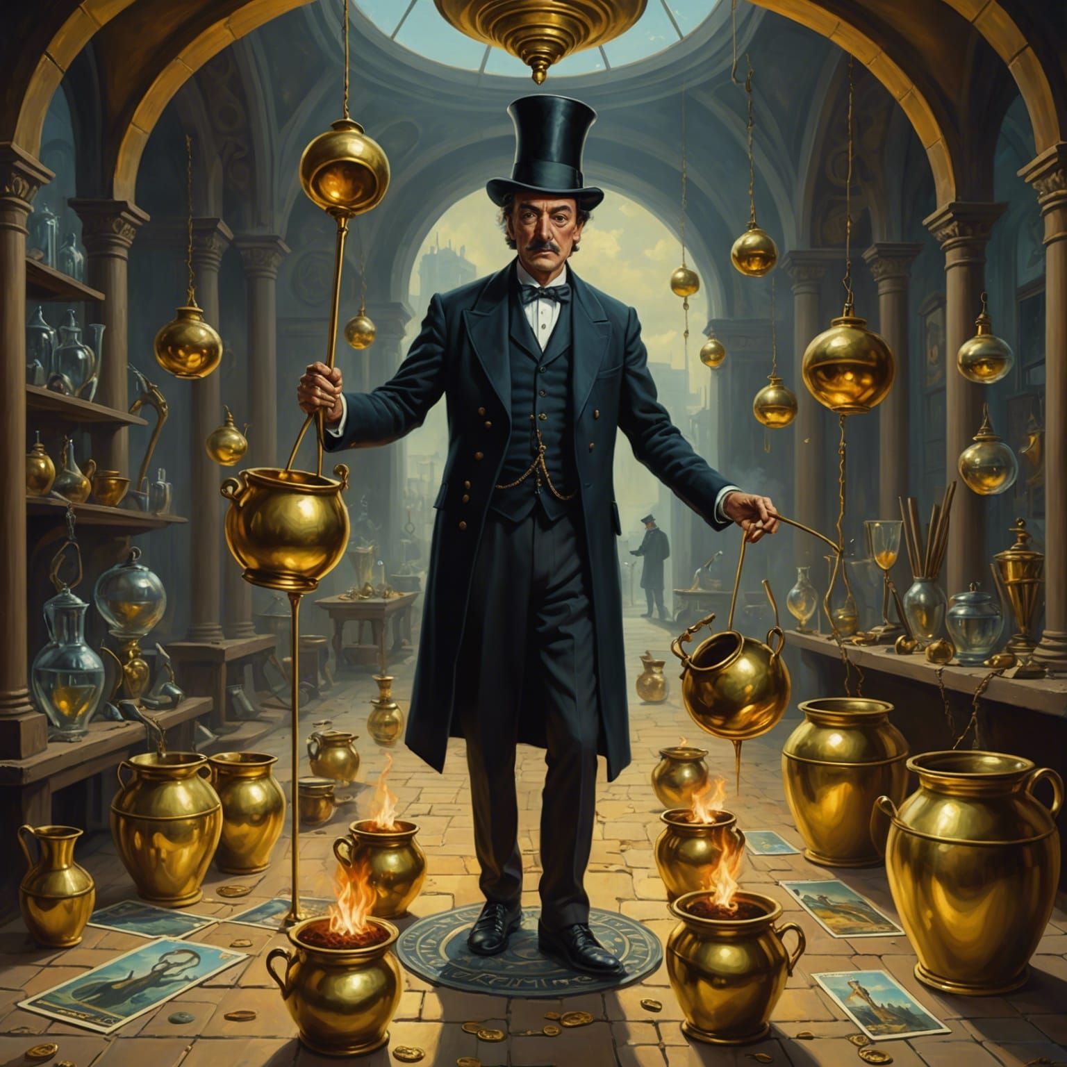 The tarot magician with pots at his feet and a stick above turning his concoctions into gold scary atmosphere sinister s...