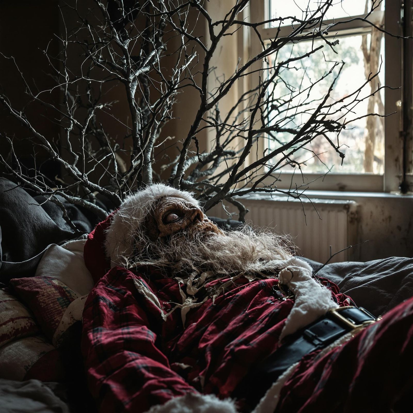 Decaying Santa Claus in Abandoned Christmas Scene