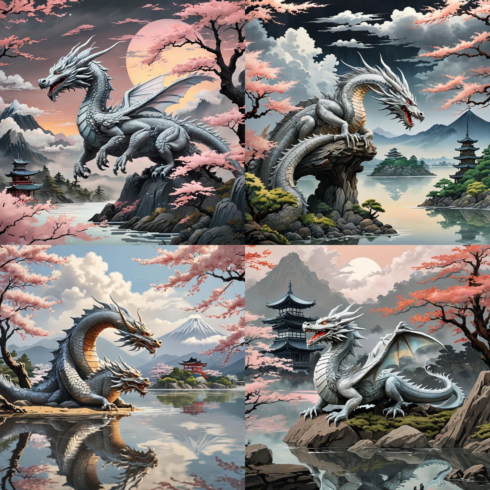 Kyoto Landscape with Silver Dragon in Ukiyo-e Style