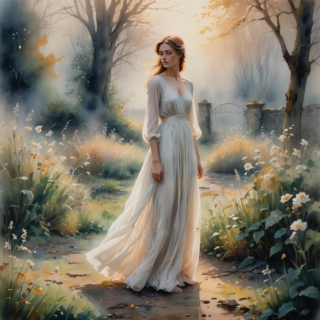 Ethereal Woman in Misty Garden: Watercolor Painting