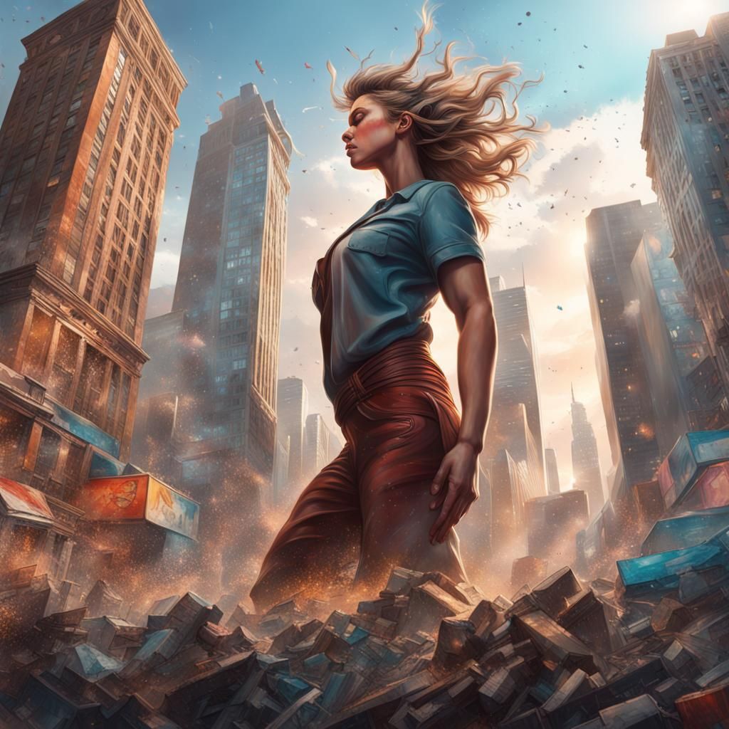 Giant Woman Crushes City: Hyperrealistic Concept Art