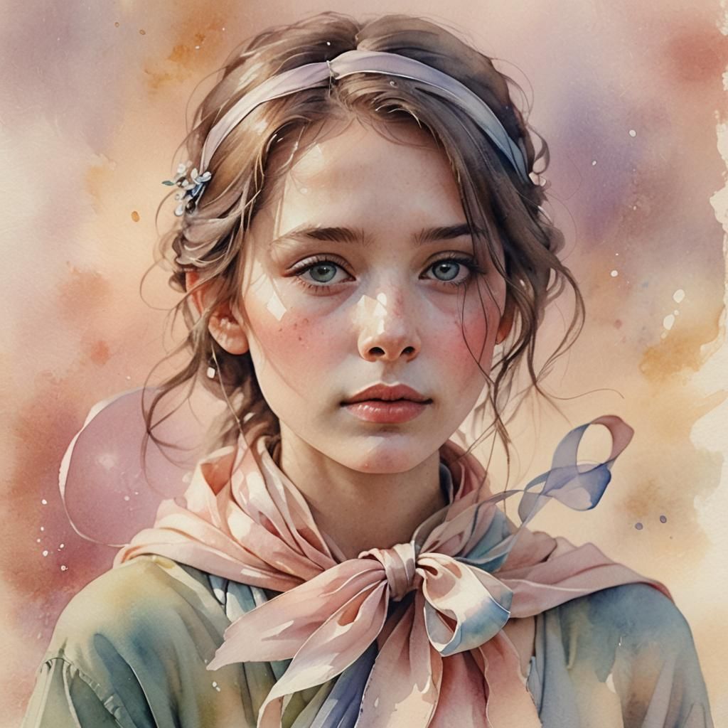 Watercolor Portrait with Ribbon in Pastel Shades