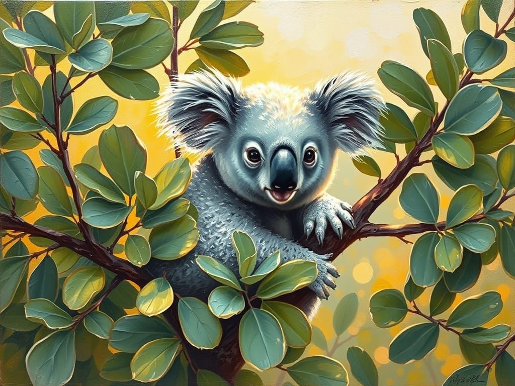 Serene Koala in Impasto Style, Cozy Australian Landscape