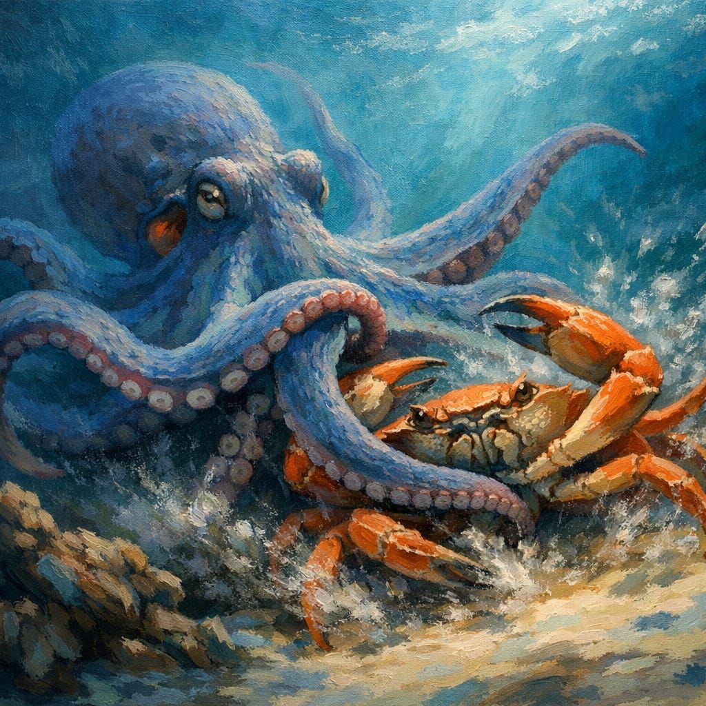 Octopus Hunts Crab in Painterly Realism Style