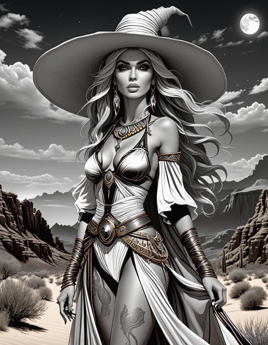 A coloring page of a beautiful model  desert witch isolated white, isolated black, isolated sky, more deep detailed line...
