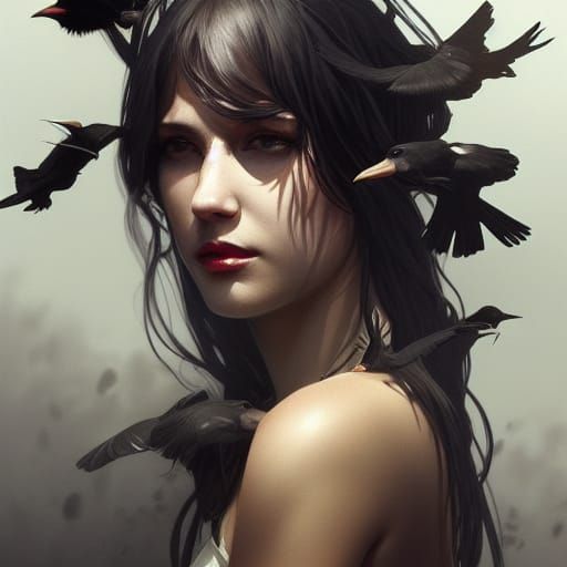 Woman Surrounded by Crows: Detailed Digital Portrait