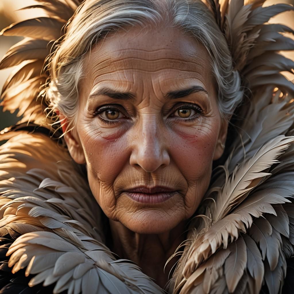 Elderly Woman and Black Swan in Photorealistic Style