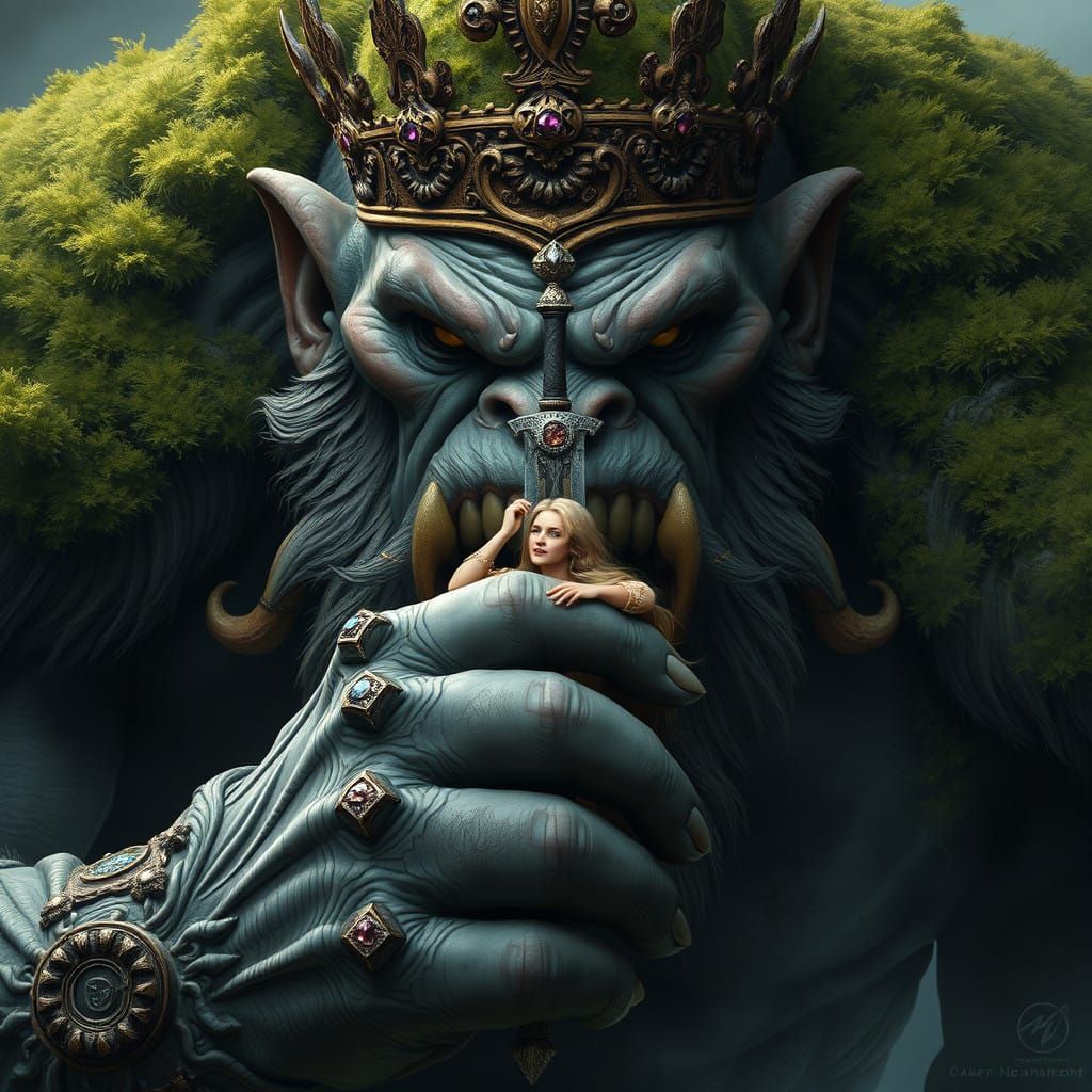 Regal Ogre Holds Blonde Maiden in Majestic Fantasy Landscape