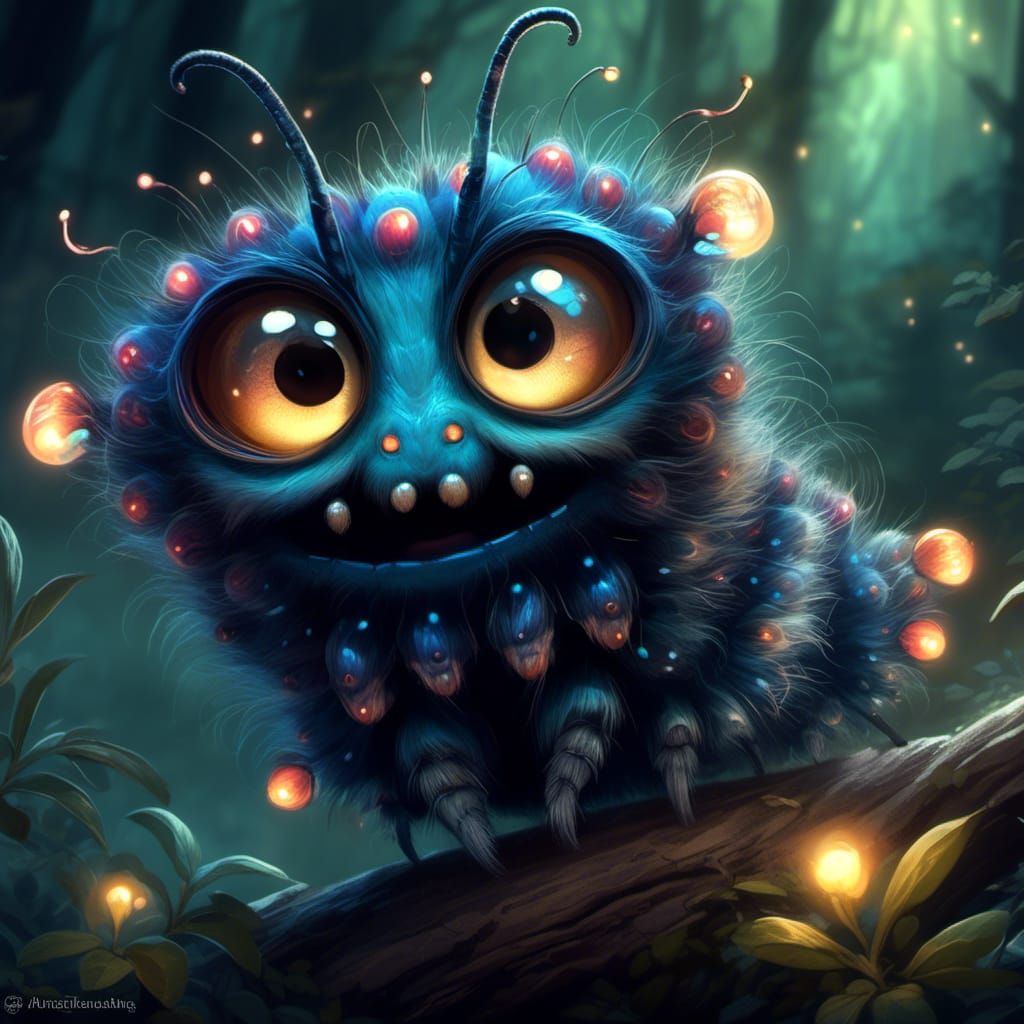 Whimsical Caterpillar in Dark Forest, Ink Wash Art