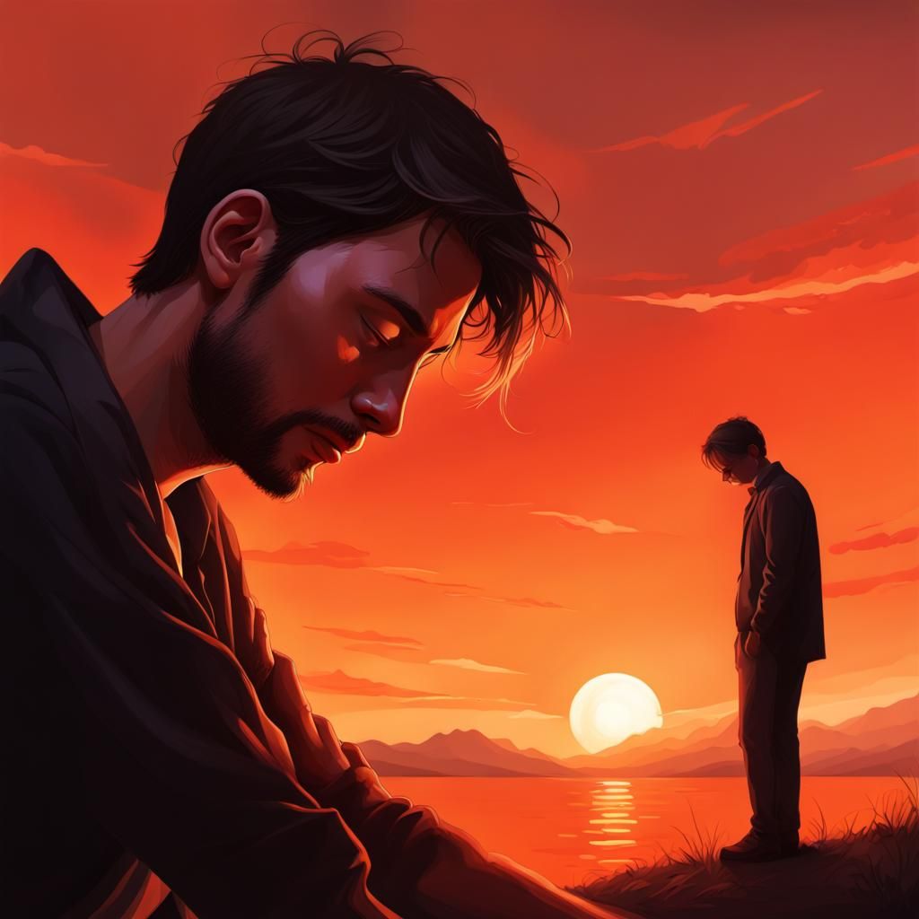 Melancholic Silhouette with Broken Heart in Surreal Style