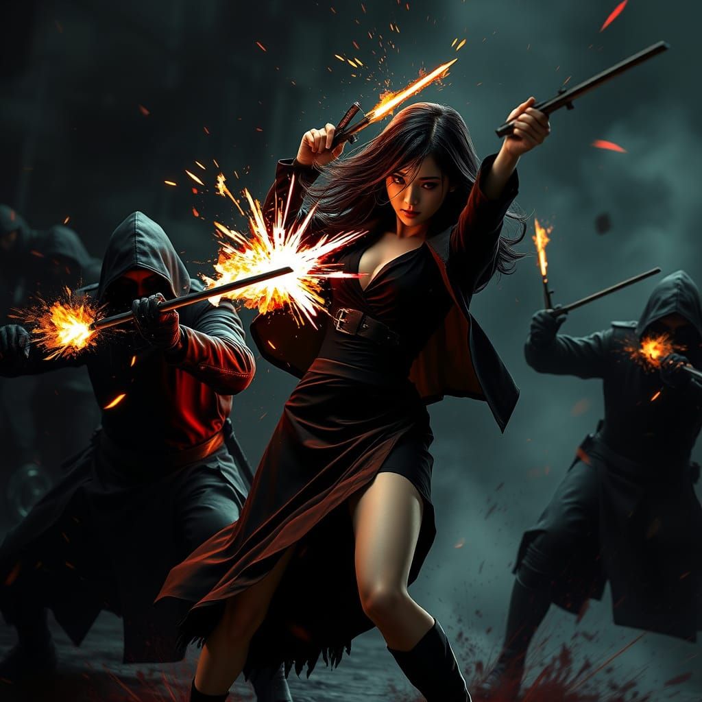 Asian Woman Destroying Assassins in Gritty Digital Art