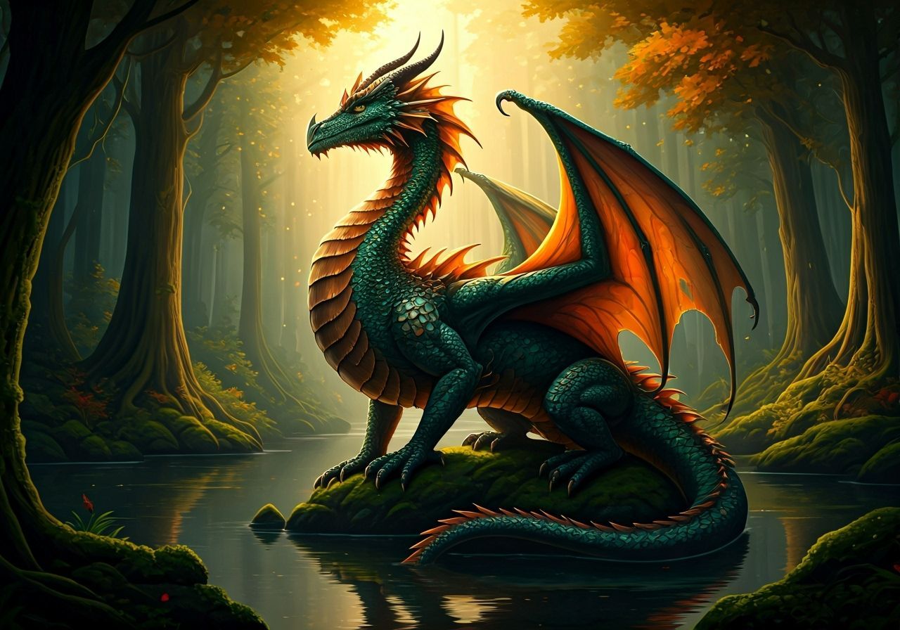 Majestic Dragon in Fantasy Forest Lake