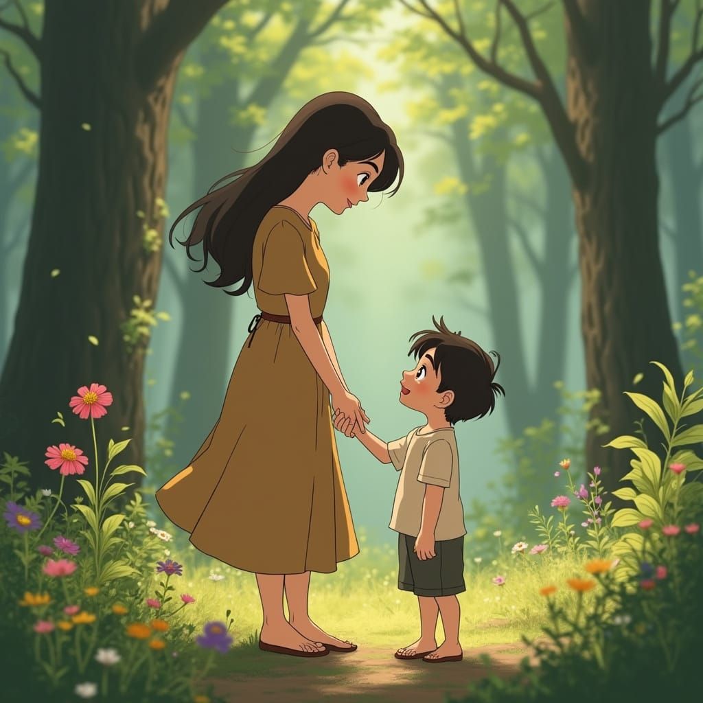 Mother and Son Share Heartwarming Moment in Whimsical Forest...