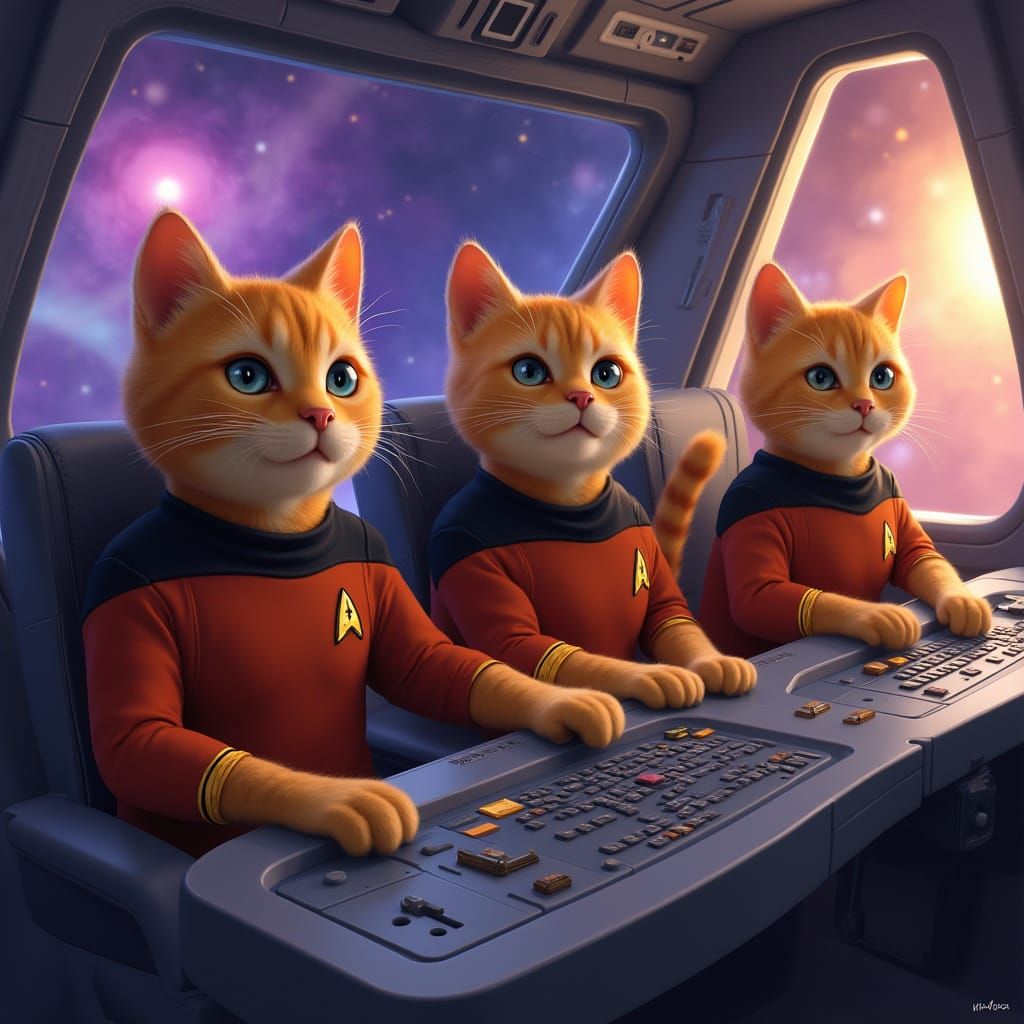 Orange Tabby Cats Pilot Starship Enterprise Through Cosmos