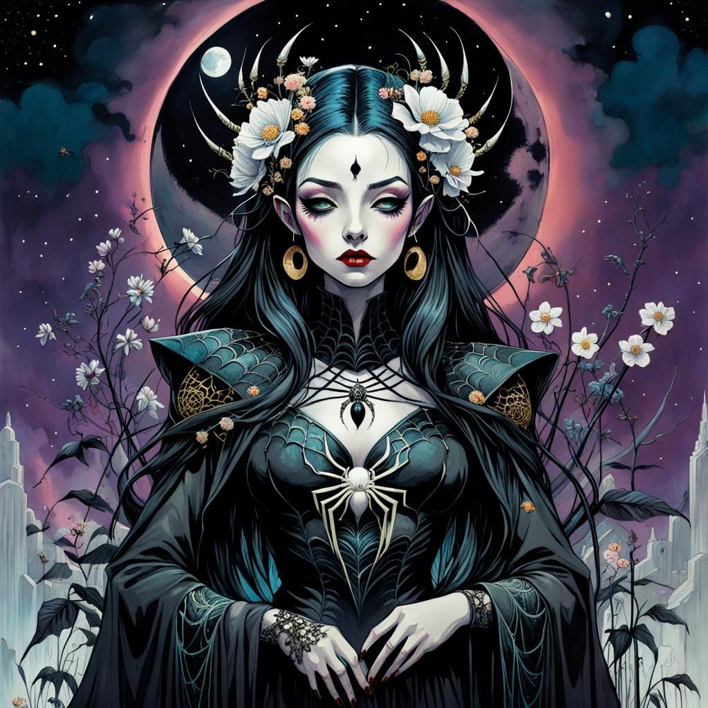 Spider Queen in Graveyard Ink Painting
