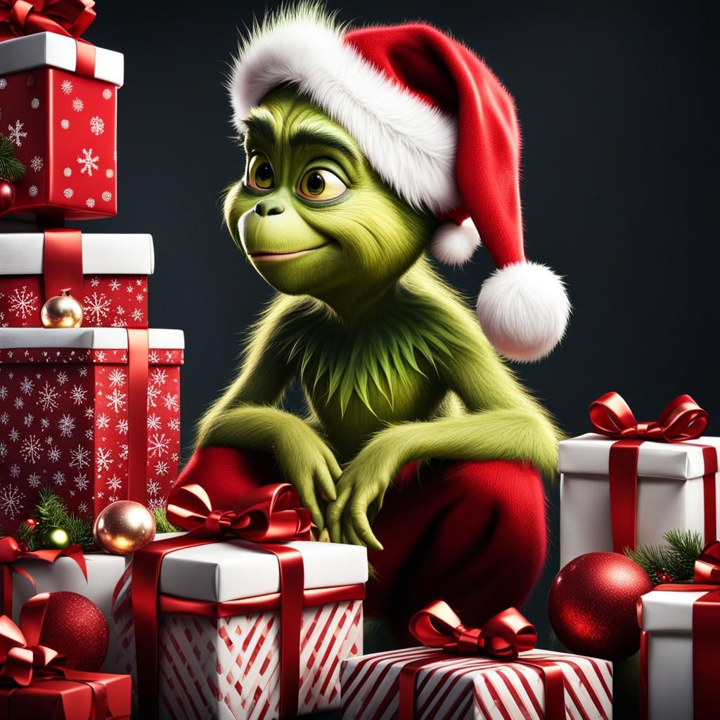 Baby Grinch Peeks Over Christmas Gifts