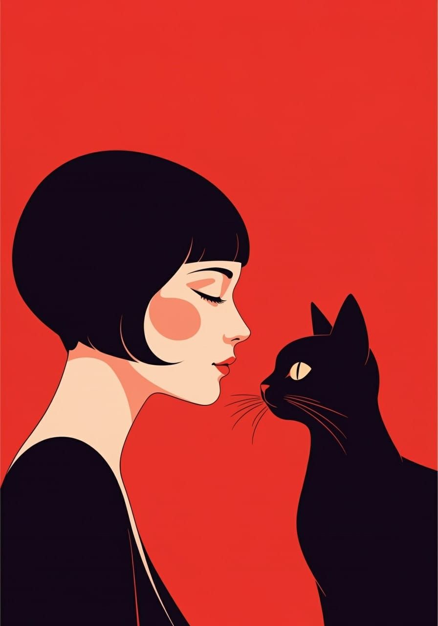 Elegant Woman and Whimsical Black Cat in Vibrant Red