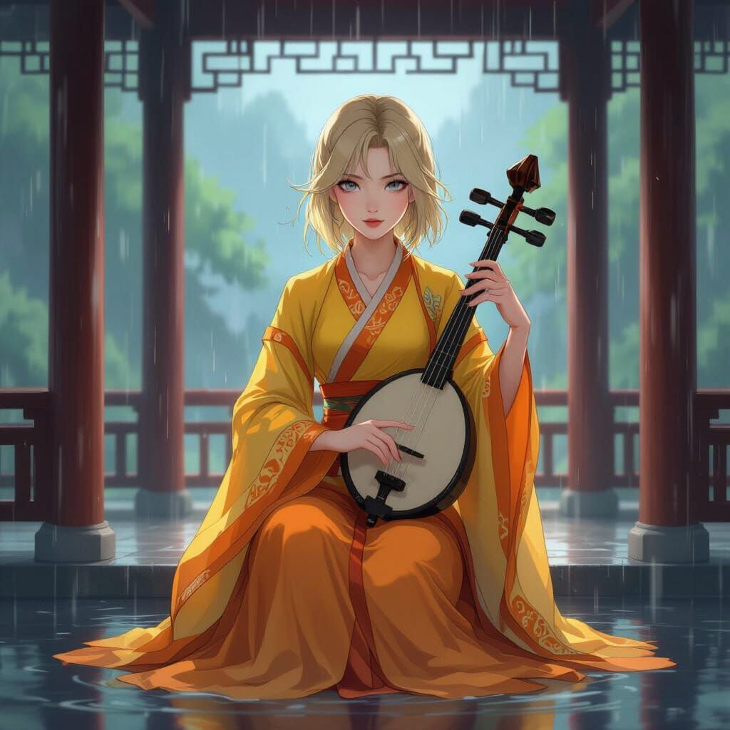 Woman in Yellow Hanfu Plays Erhu in Rainy Pavilion
