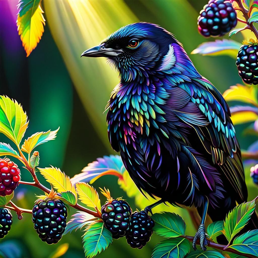 Iridescent Black Bird in Blackberry Bush