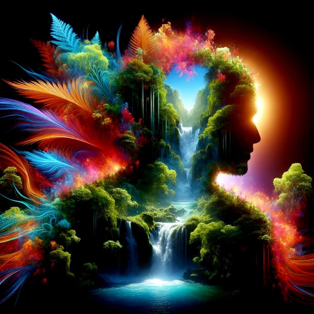 Vibrant Jungle Waterfall Emanating from Silhouette